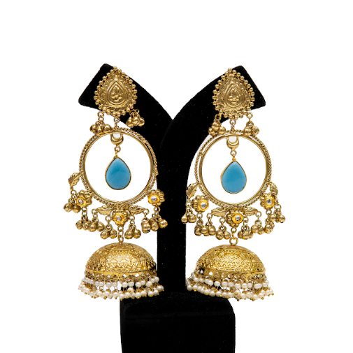 Traditional Gold Finish Jhumka Earrings for Women with Blue Stone Accent